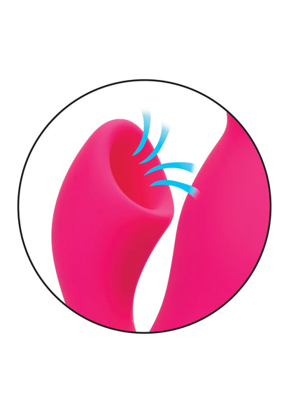 Inzet van roze vibrator met ademend/trekkend effect op de huid, trillingssymbool.