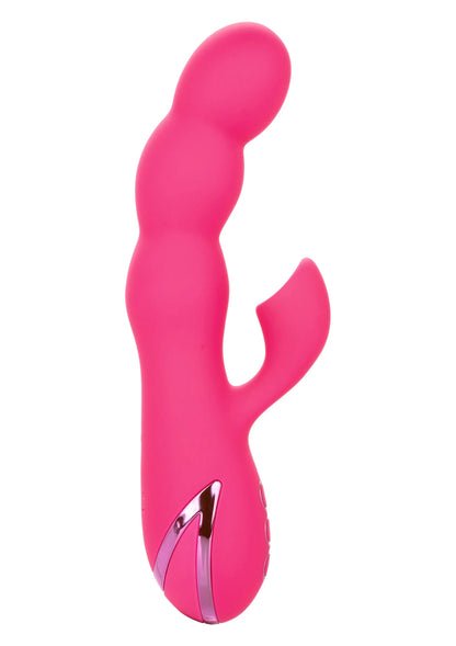 Roze seksspeeltje met S-vormige curve en roze bedieningspaneel met metalen driehoek