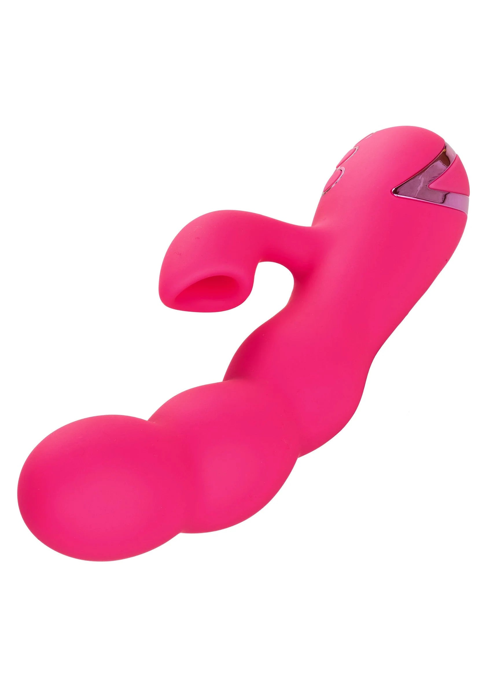 Roze siliconen vibrator met holle U-vorm en schuine dop met metalen driehoek