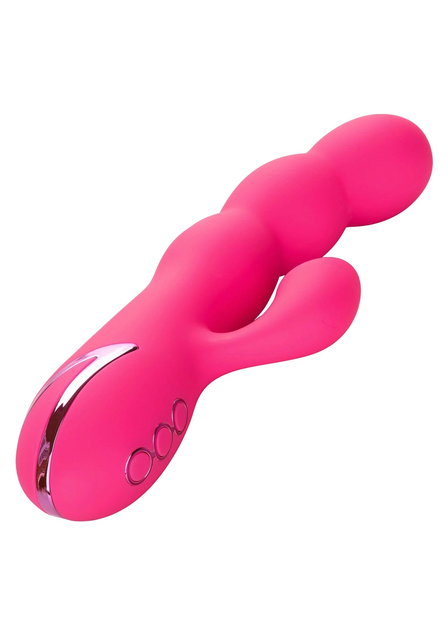 Roze siliconen vibrator met afgeronde kop en kleine knopjes aan de onderzijde.