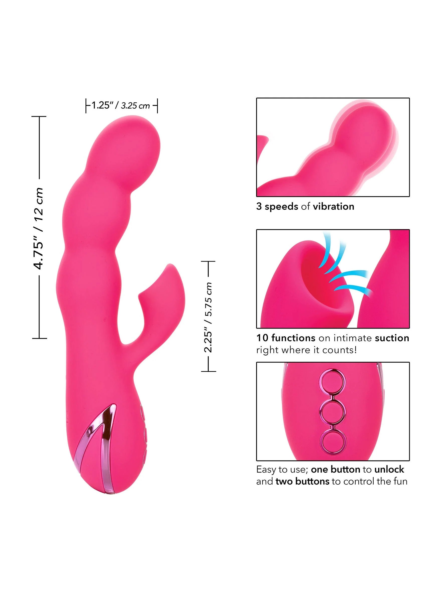 Roze siliconen vibrator met afmetingen en uitlegpanelen: 3 standen, 10 functies.