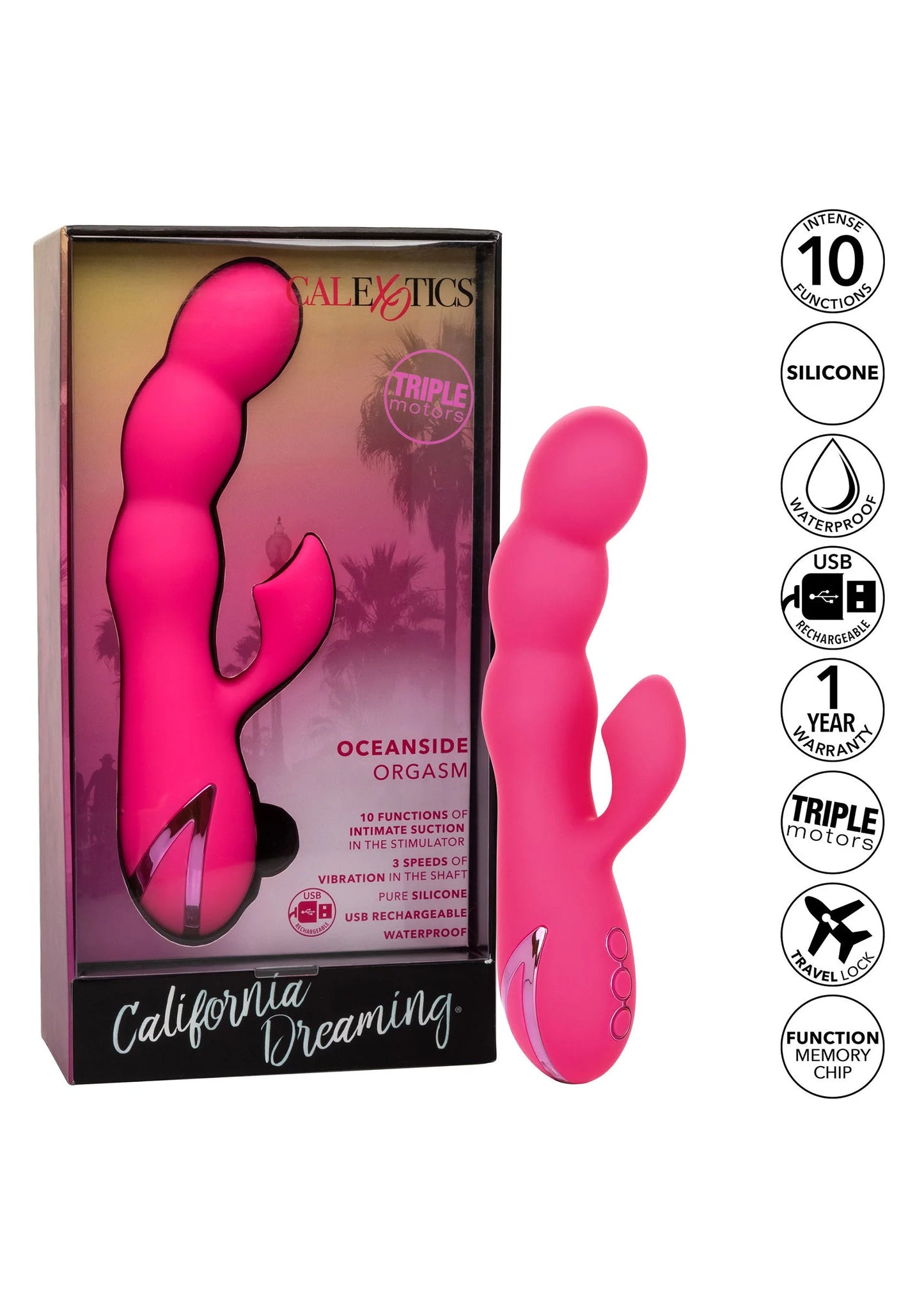 Roze vibrator met bijpassende doos en technische kenmerken, inclusief US-blad en chips.