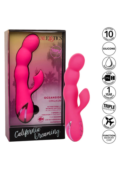 Roze vibrator met bijpassende doos en technische kenmerken, inclusief US-blad en chips.