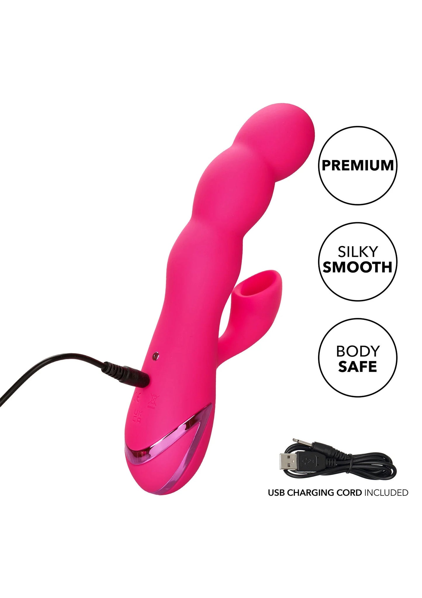 Roze siliconen vibrator met kabel; badges vermelden premium, silky smooth en body safe.