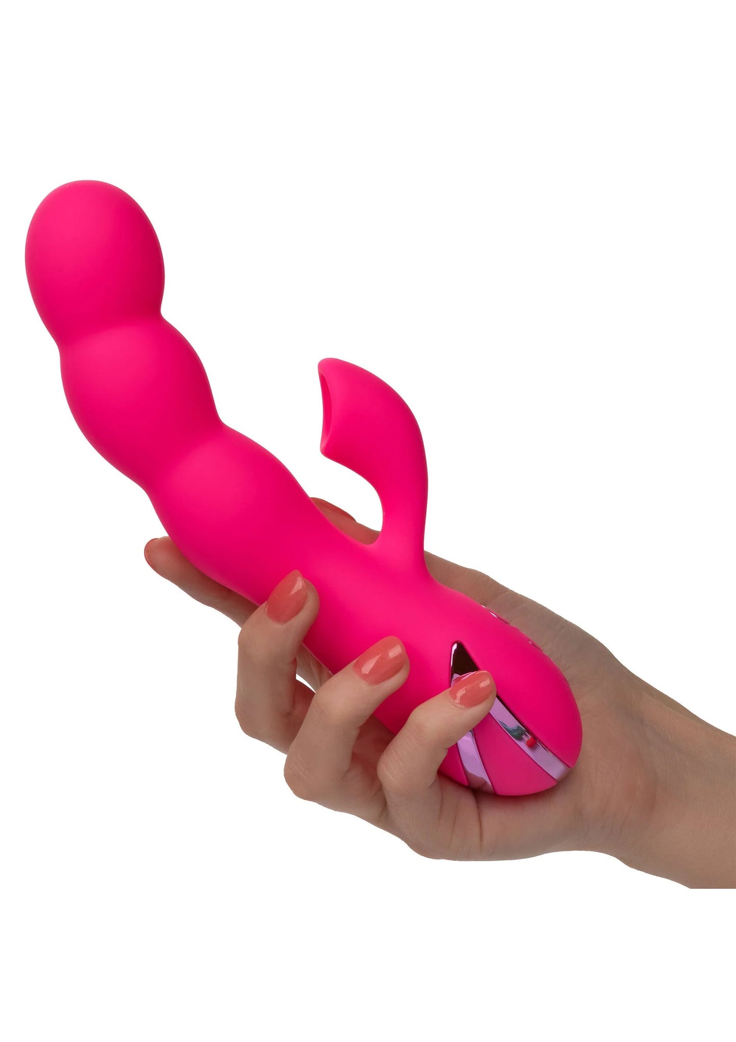 Roze siliconen vibrator in hand vastgehouden, met ronde kop en gebogen onderkant.