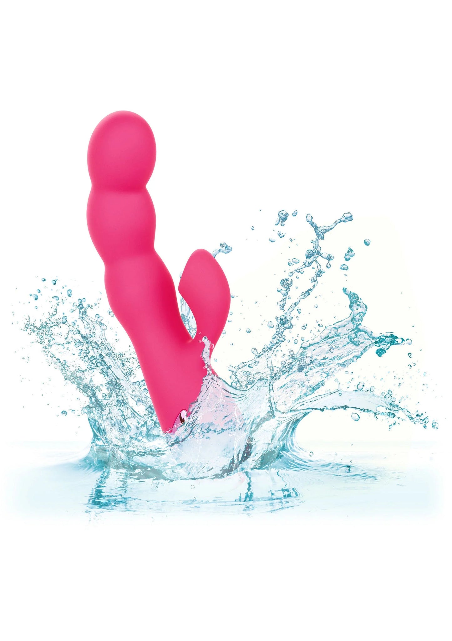 Roze siliconen vibrator met waterdruppels, opstaande vorm met ovaal lusvormig uiteinde.