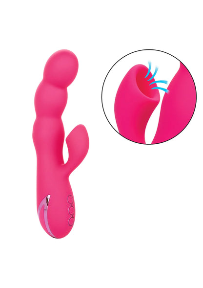 Roze vibrator met ronde kop en inset met zuigdetail; zichtbare knopjes aan de zijkant.