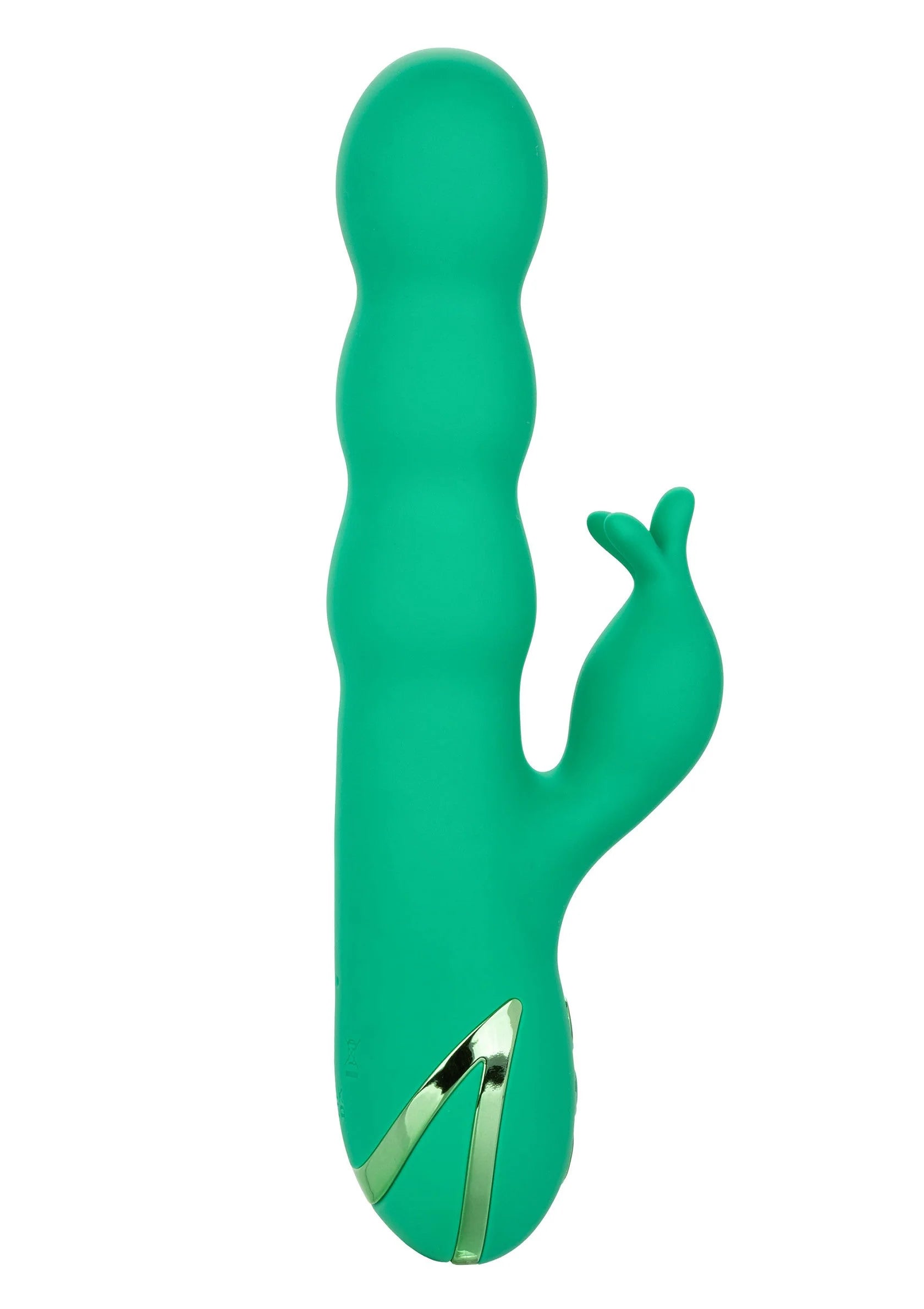 Groen seksspeeltje met gebogen staart en metalen inzet onderaan