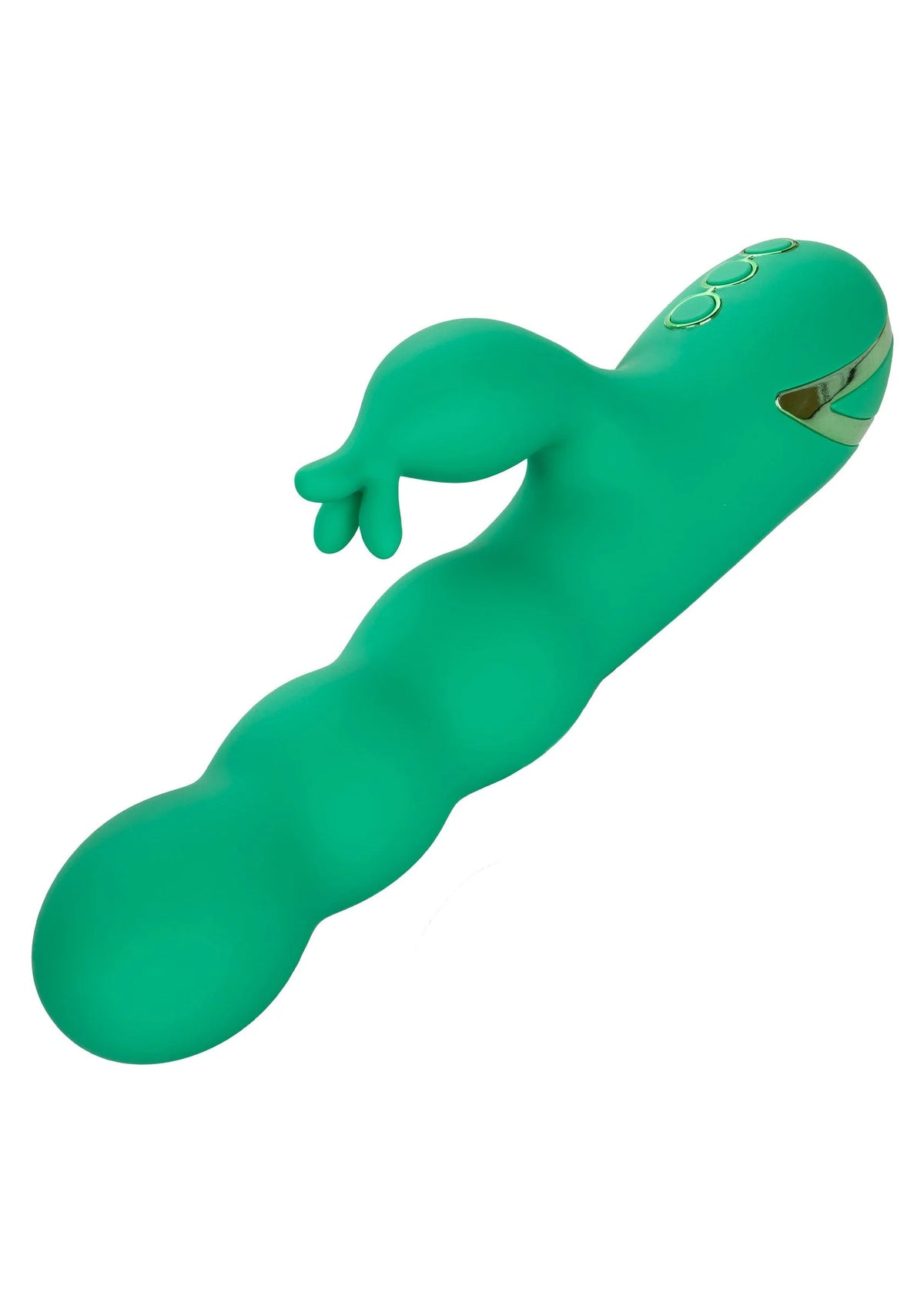 Groen seksspeeltje met ronde kop en gegraveerd/bedekt ornament op de top