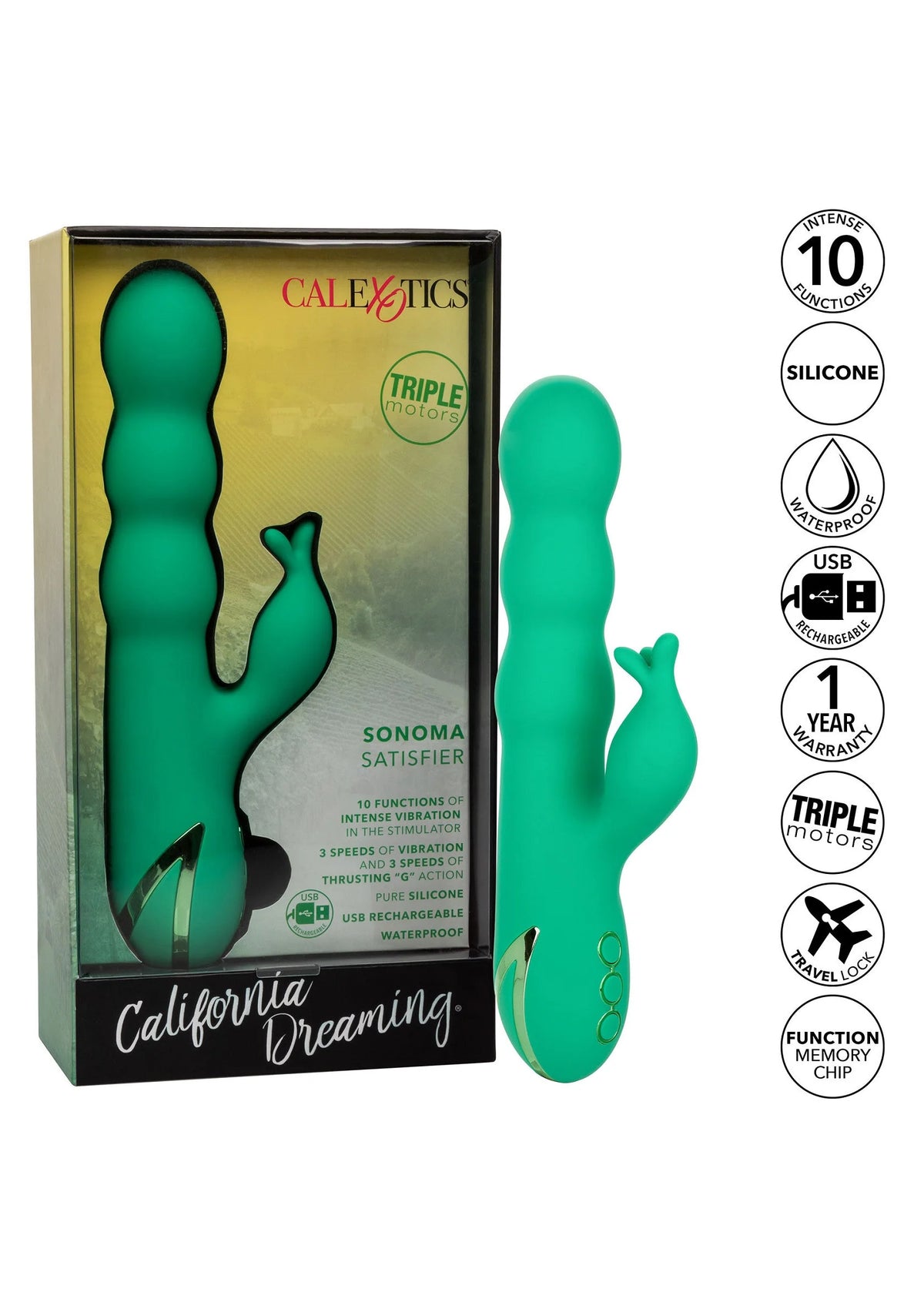 CalExotics Sonoma Satisfier verpakkingsset met groen seksspeeltje en keurmerken.