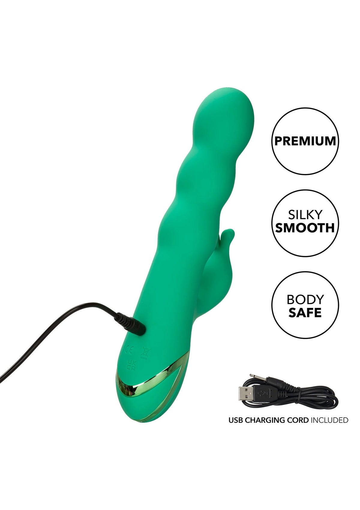 Groen siliconen seksspeeltje met USB-laadkabel en premium, body-safe icoontjes.