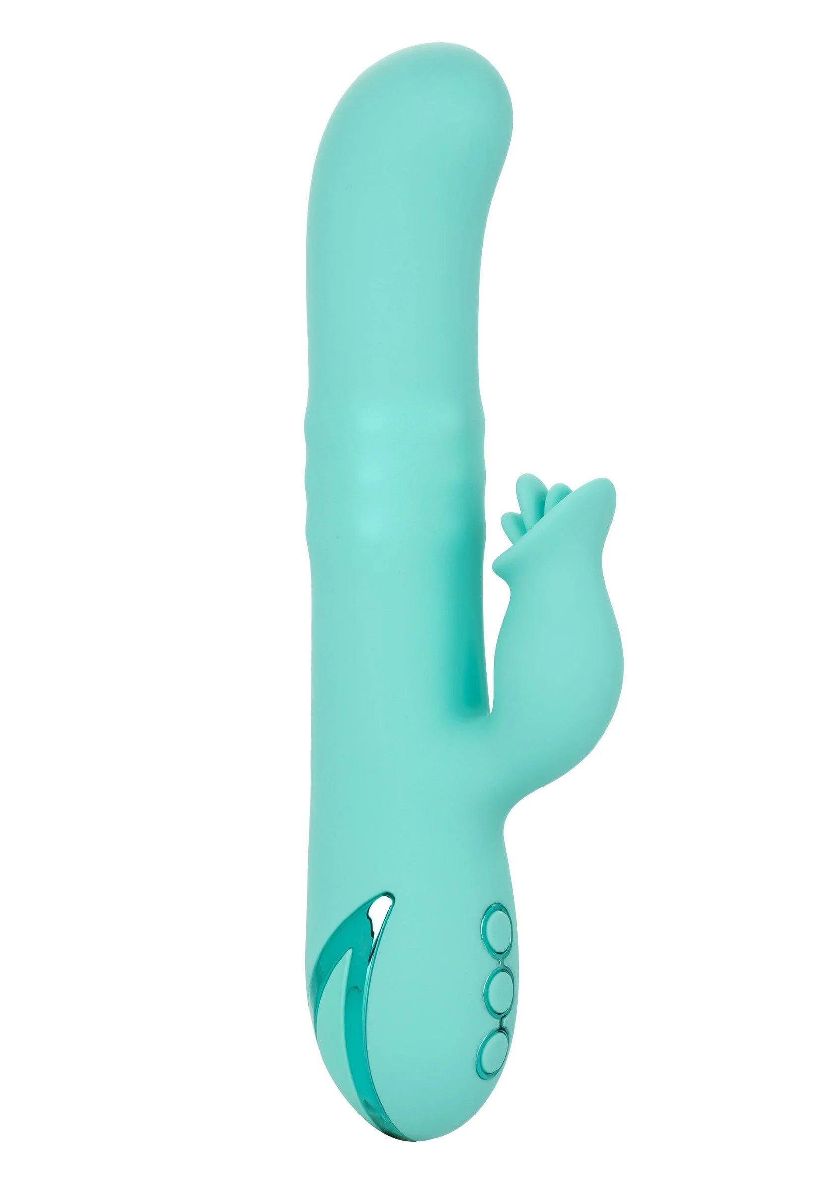 Turkoois siliconen vibrator met handvormige greep en ovale contactkop.