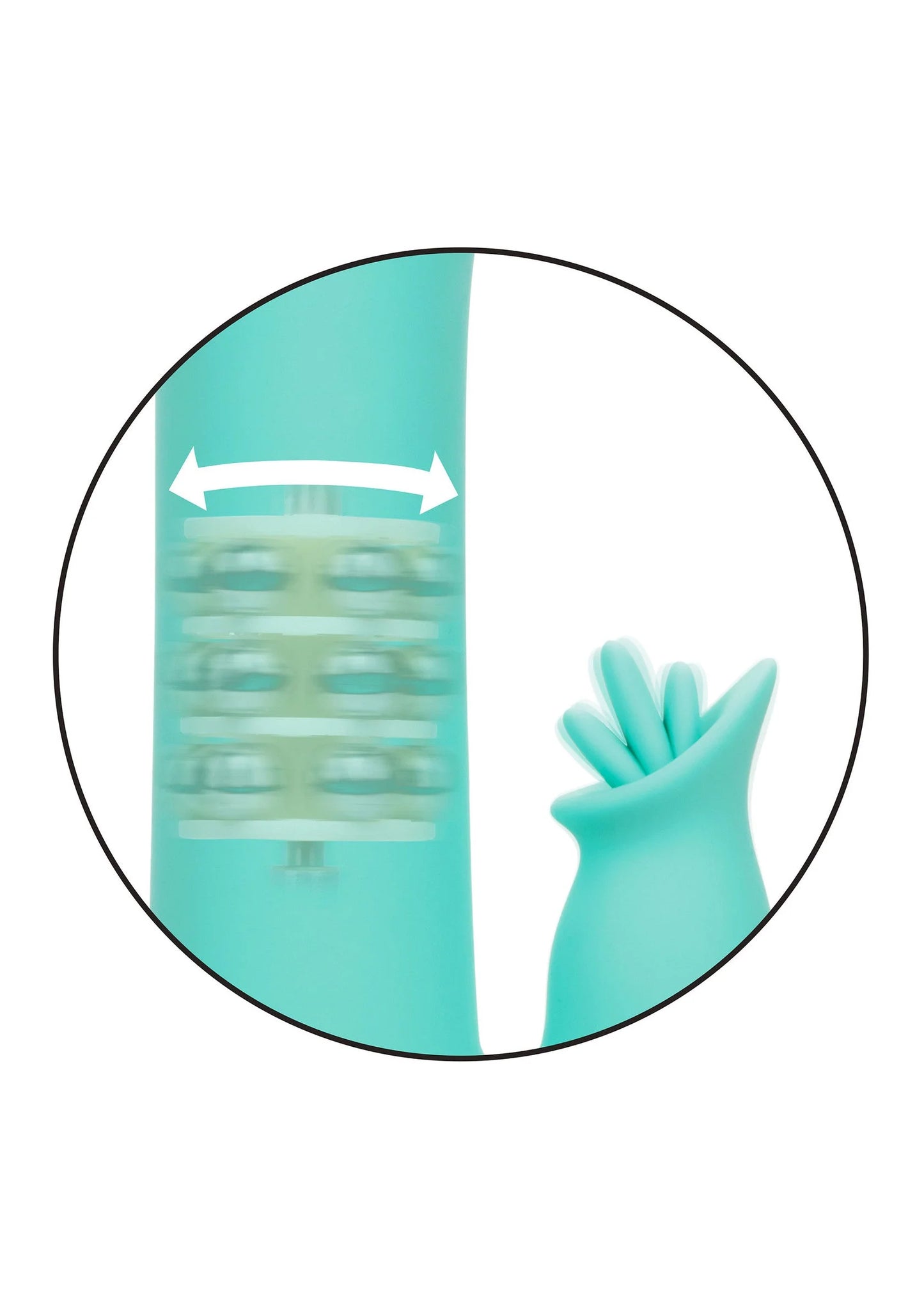 Turquoise siliconen vibrator met geribde textuur bij de kop en vingervormige uiteinden