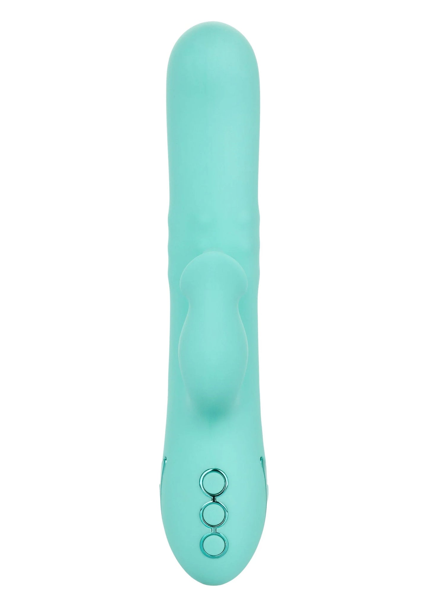 Turquoise siliconen vibrator, vooraan afgerond, met drie ronde knoppen op de basis