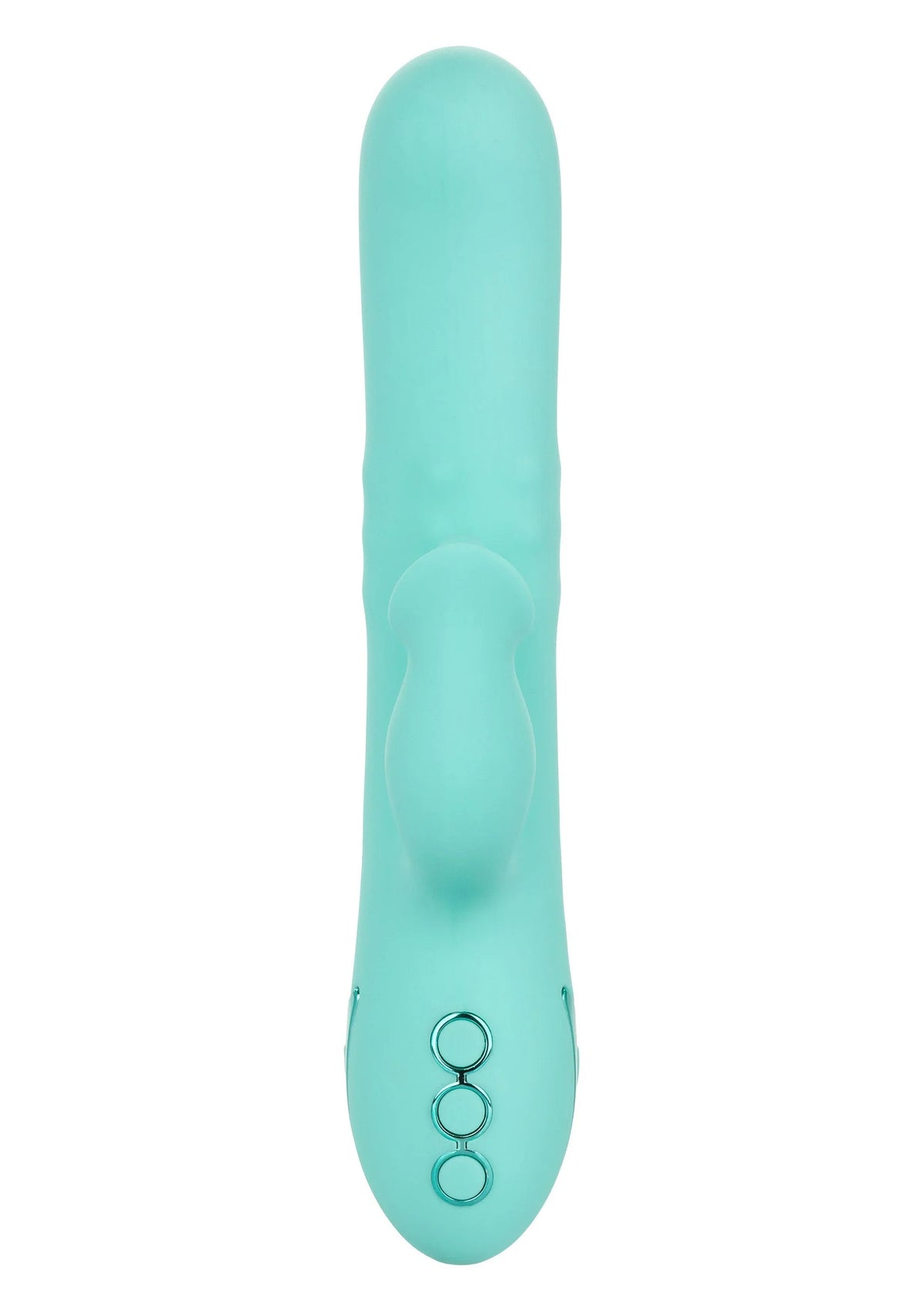 Turquoise siliconen vibrator, vooraan afgerond, met drie ronde knoppen op de basis