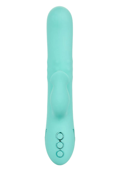 Turquoise siliconen vibrator, vooraan afgerond, met drie ronde knoppen op de basis