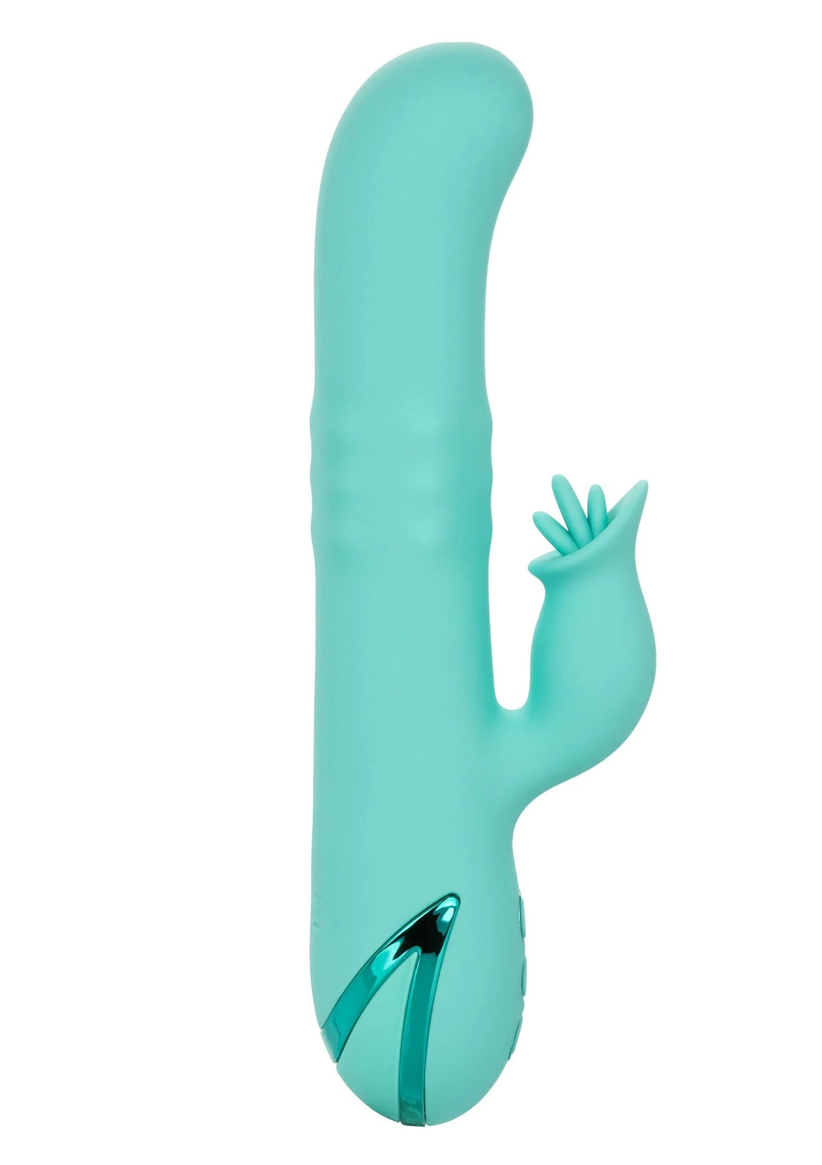 Turquoise siliconen vibrator met vingervormige kop en licht glanzende onderrand