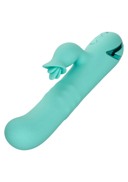 Turquoise siliconen vibrator met vingervormige masseerkop en ronde openingen aan de tip