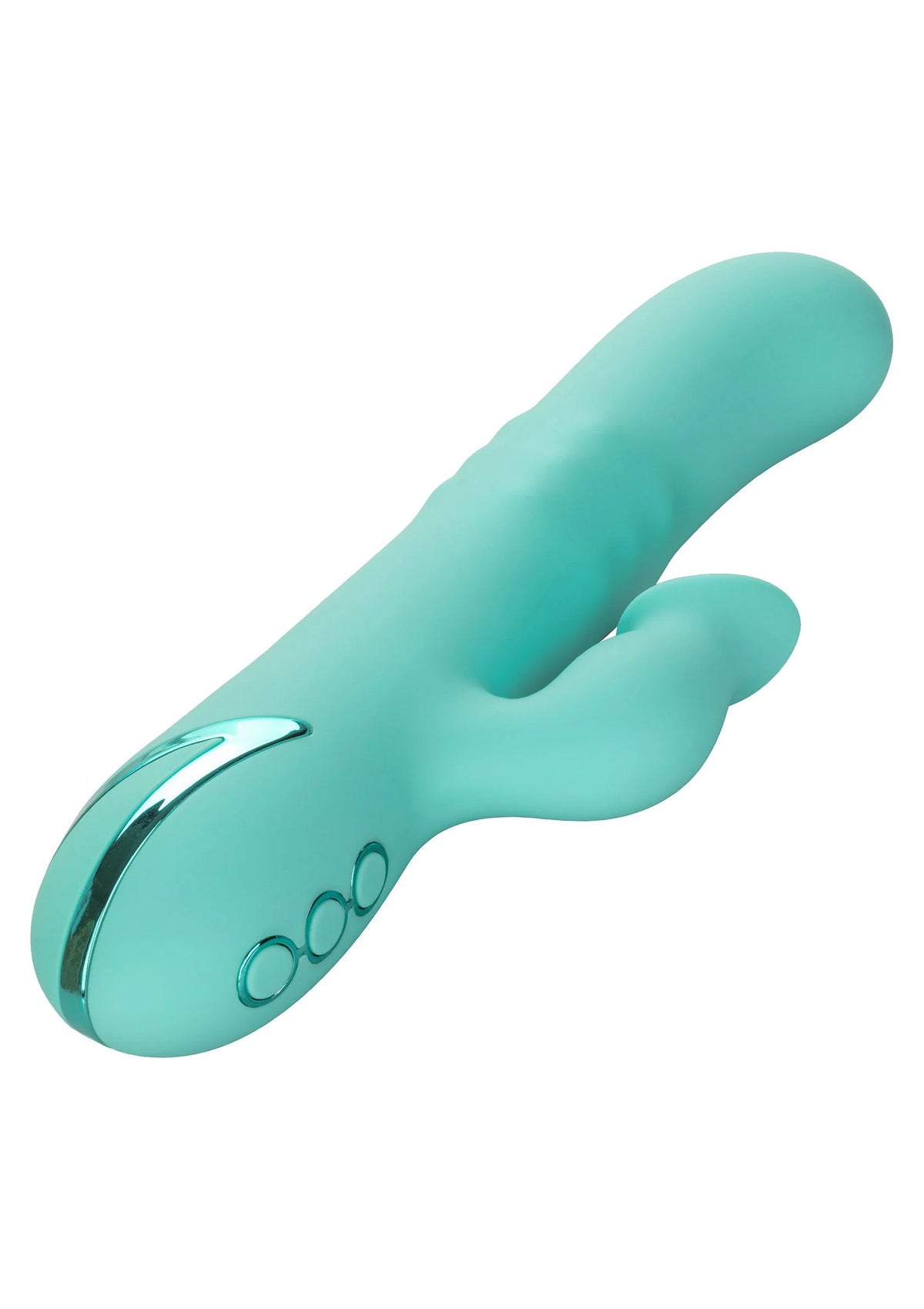Turquoise siliconen vibrator close-up met geaccentueerde rand en twee ronde details