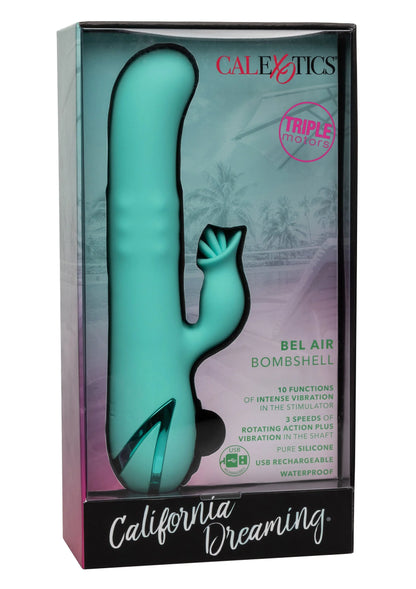 Verpakking van CALExotics Bel Air Bombshell met turkoois vibrator en 10 functies.