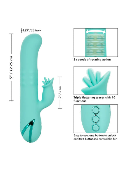 Productdiagram met turkoois vibrator, afmetingen en 10 functies met rotatieactie.