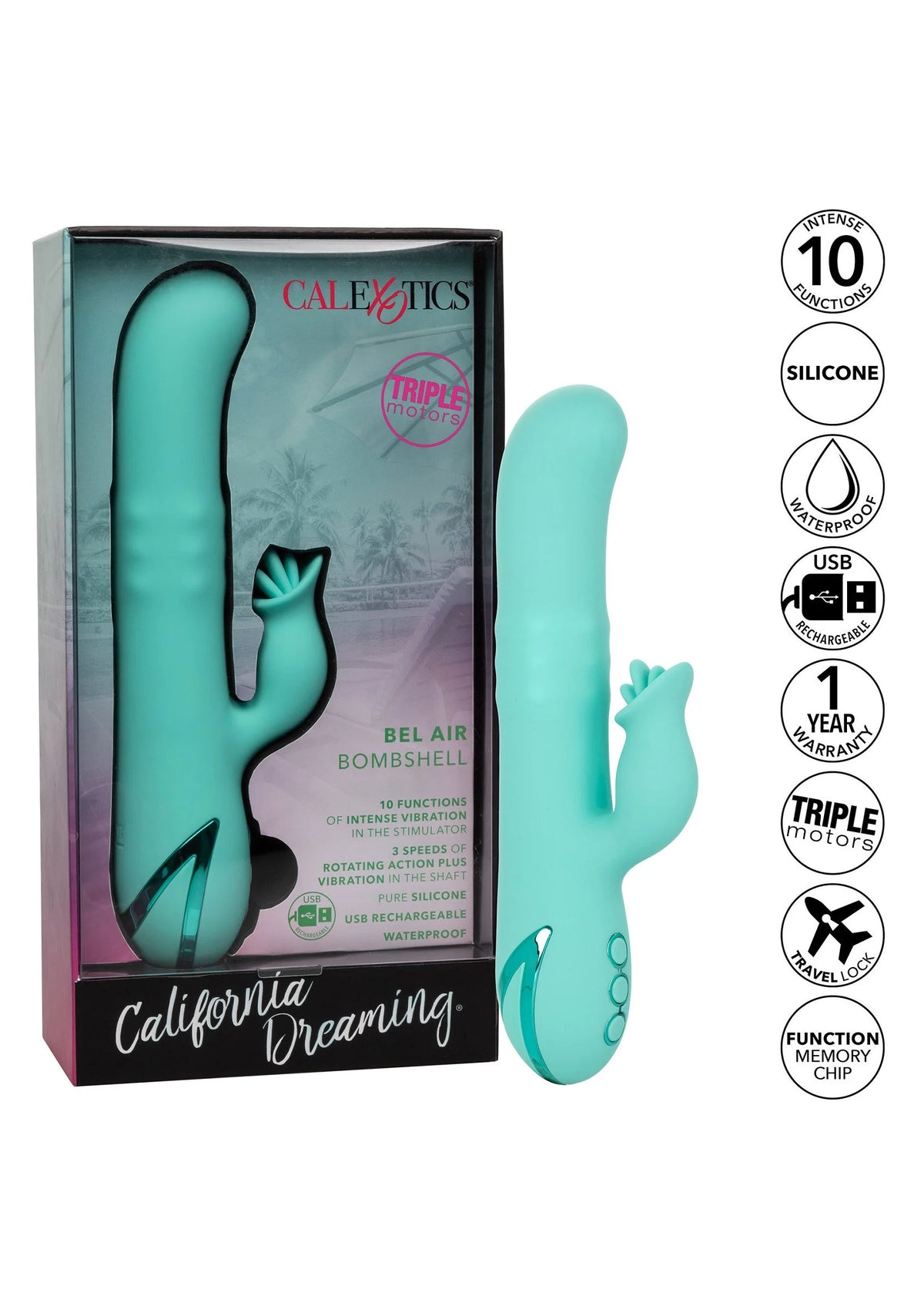CALExotics Bel Air Bombshell doos met keurtekens voor 10 functies, USB en siliconen.