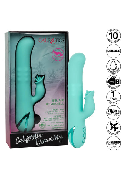 CALExotics Bel Air Bombshell doos met keurtekens voor 10 functies, USB en siliconen.
