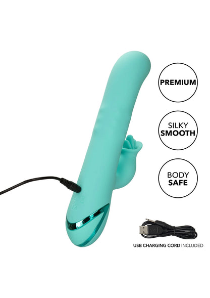 Turkoois siliconen vibrator met USB-laadkabel, ovale kop en handvormige greep.