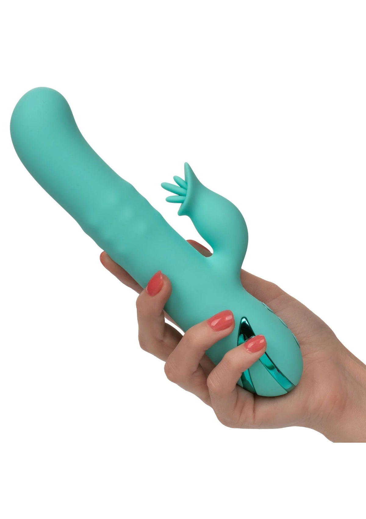 Turkoois siliconen vibrator vastgehouden in hand, met greep en ovale kop.