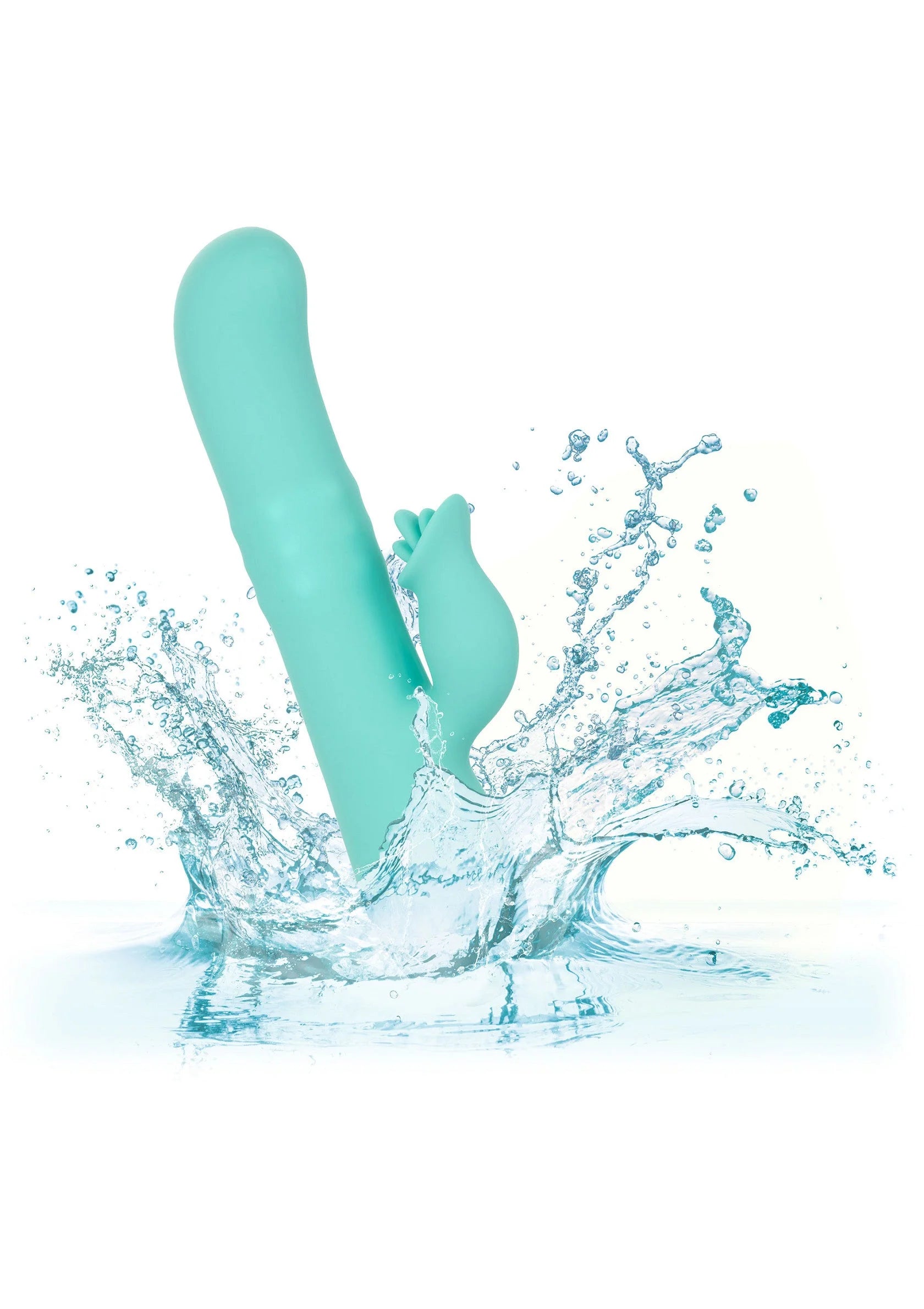 Turkoois siliconen vibrator in water met spatpatroon rond de kop.