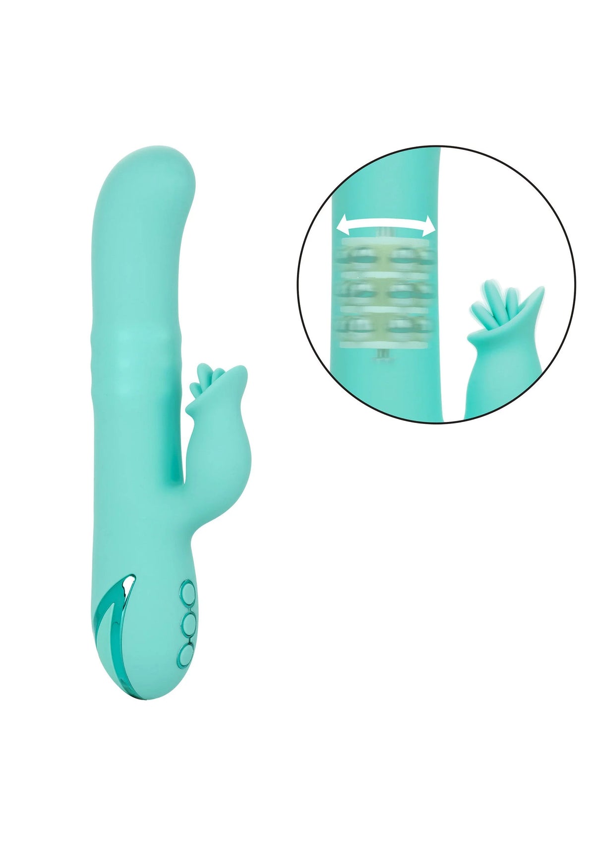 Turquoise siliconen vibrator met vingervormige kop en drie ronde knoppen onderaan