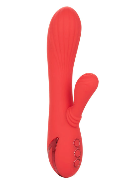 Rode siliconen vibrator met gebogen steel en kleine zijflap, drie knoppen onderaan
