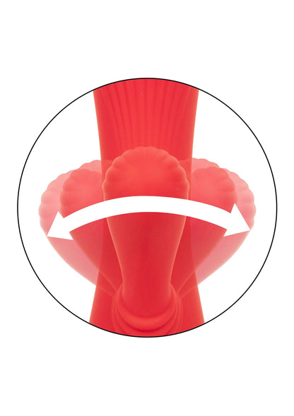Rode rabbit-vibrator close-up met opening rond de kop en duidelijk gevormde basis