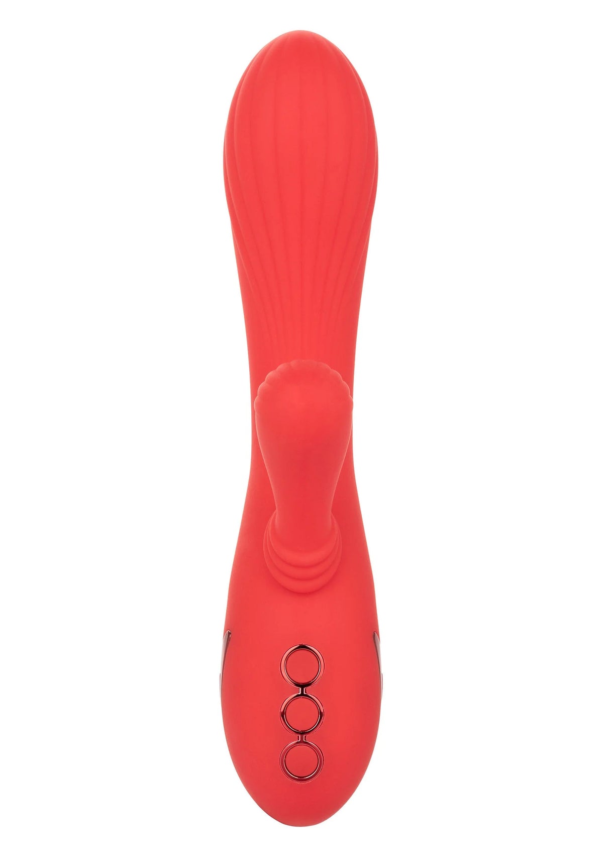 Rode rabbit-vibrator achterkant met drie metalen ringen en lange, afgeronde vorm