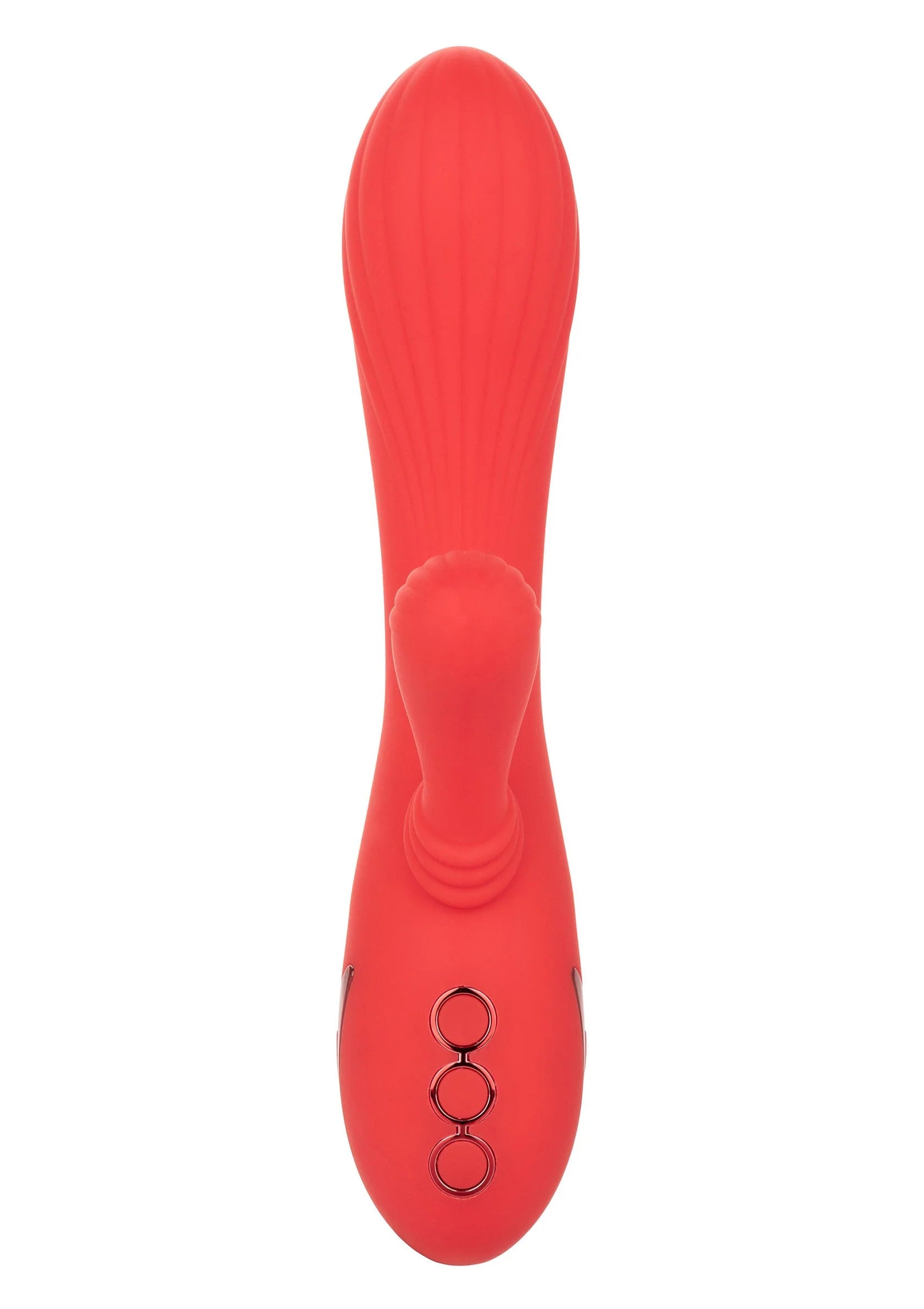 Rode rabbit-vibrator achterkant met drie metalen ringen en lange, afgeronde vorm