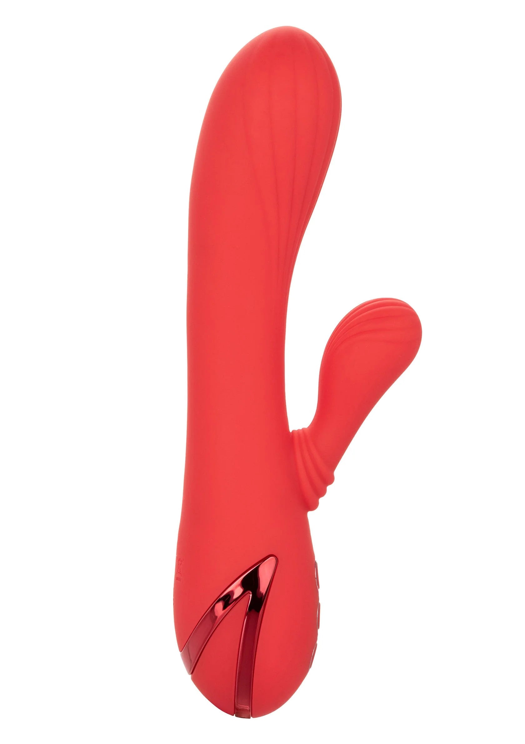 Rode rabbit-vibrator met zwarte klep/inzetstuk op de zijkant en tweede klein opzetstuk