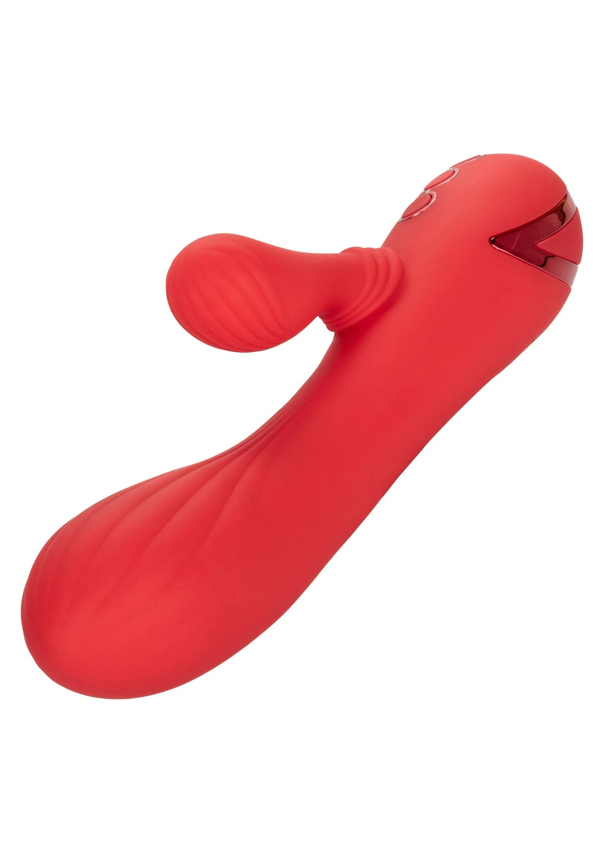 Rode rabbit-vibrator schuin, twee zachte uiteinden en zwarte insteek op de kop