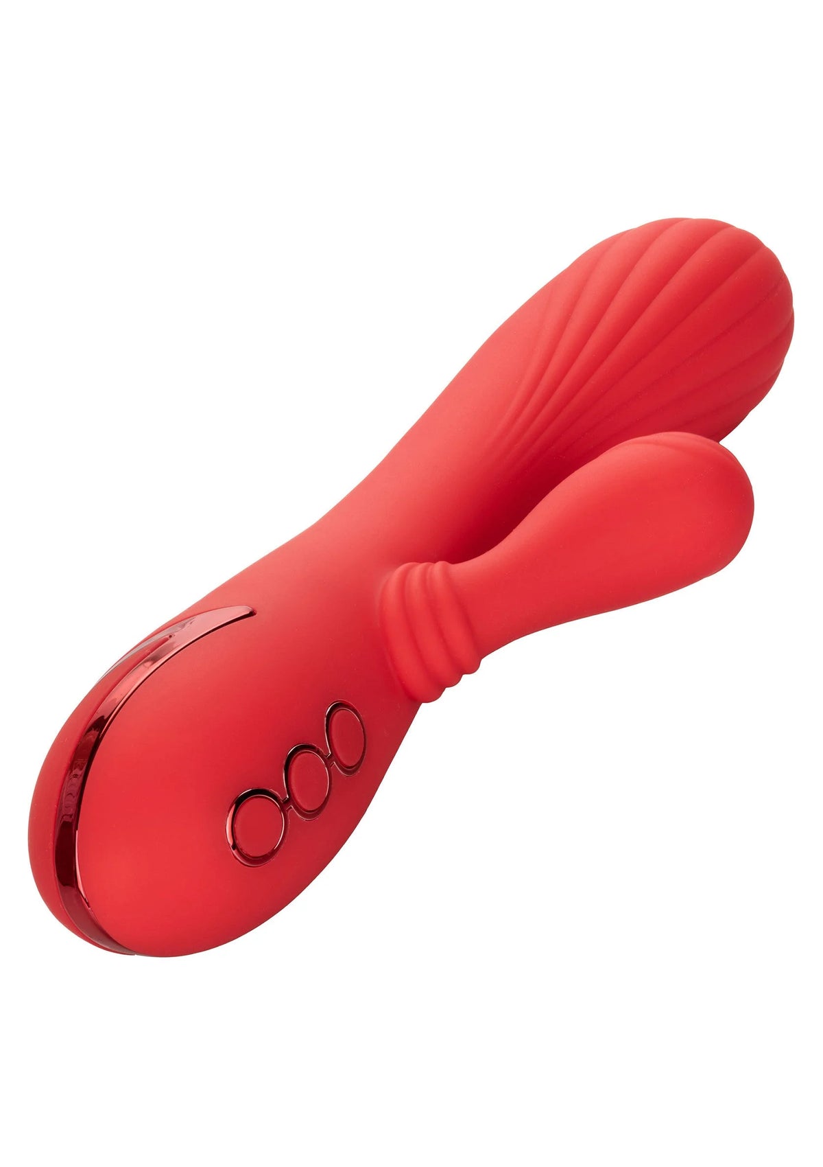 Rode vibrator met geribbelde kop en drie knopjes, afgeronde uiteinden