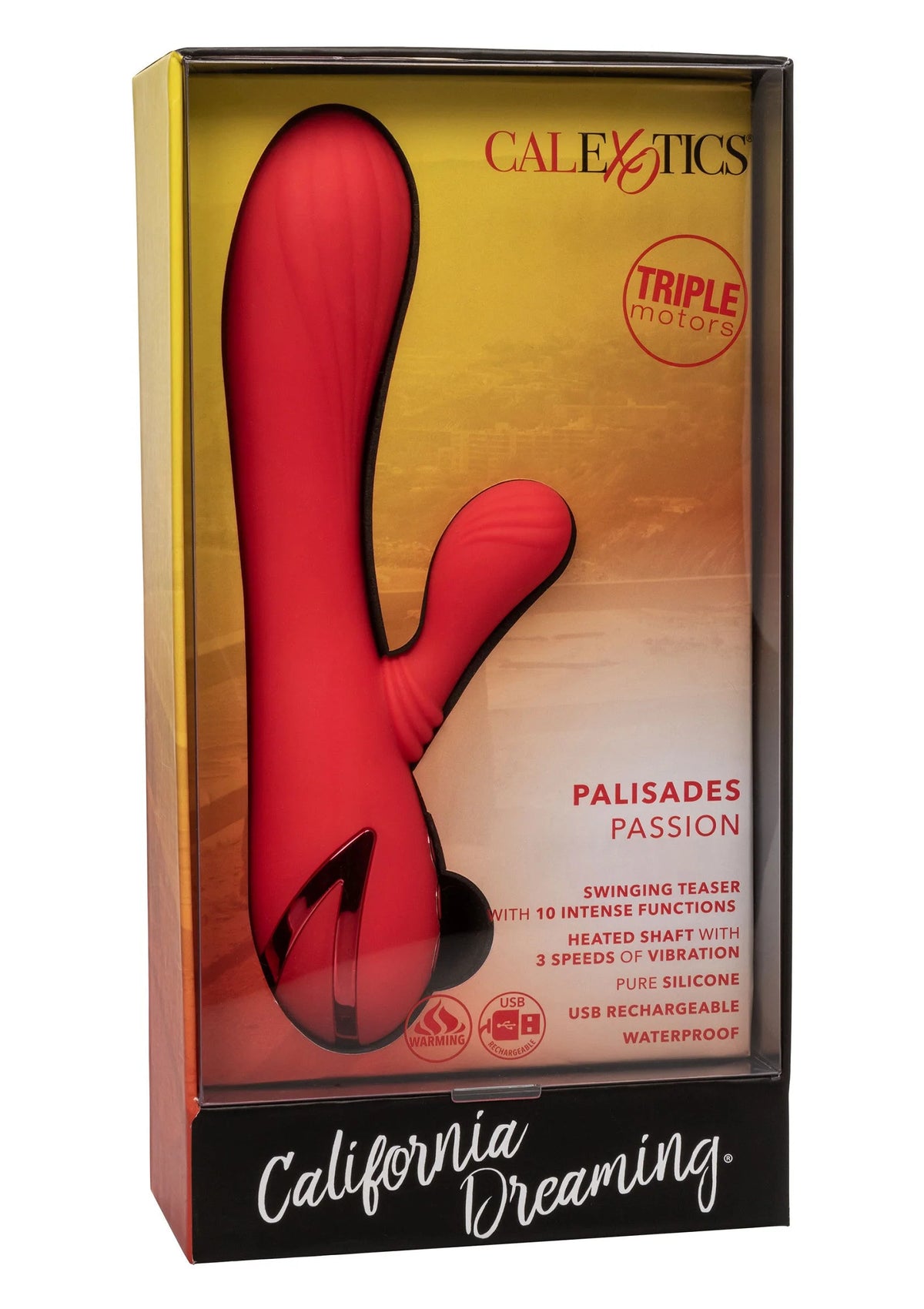 Verpakkingsdoos van CalExotics met rode vibrator en Palisades Passion opschrift