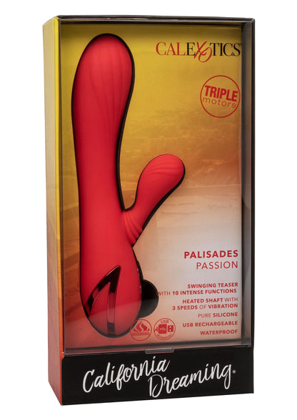 Verpakkingsdoos van CalExotics met rode vibrator en Palisades Passion opschrift