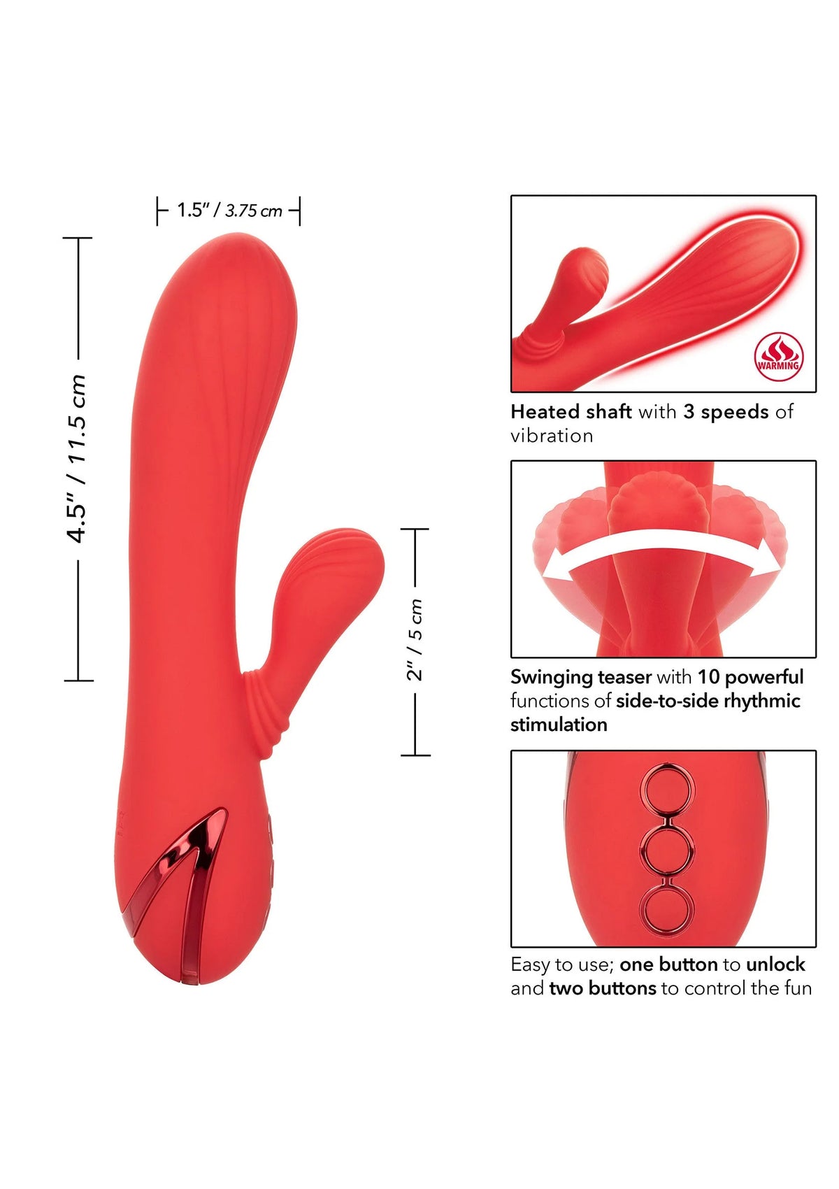 Rode vibrator met dubbele kop en drie bedieningsknoppen, gebogen steel