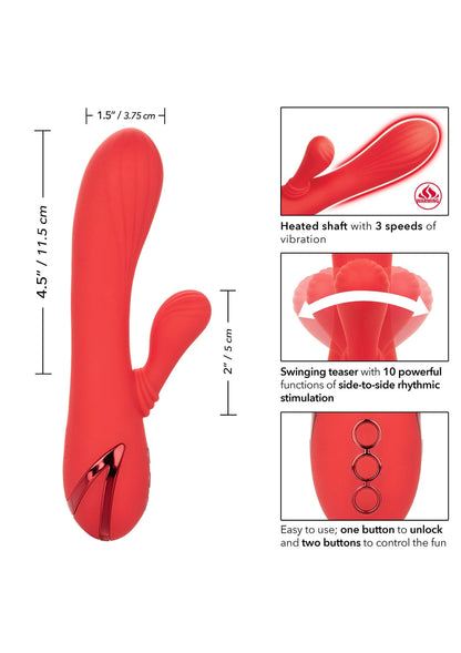 Rode vibrator met dubbele kop en drie bedieningsknoppen, gebogen steel
