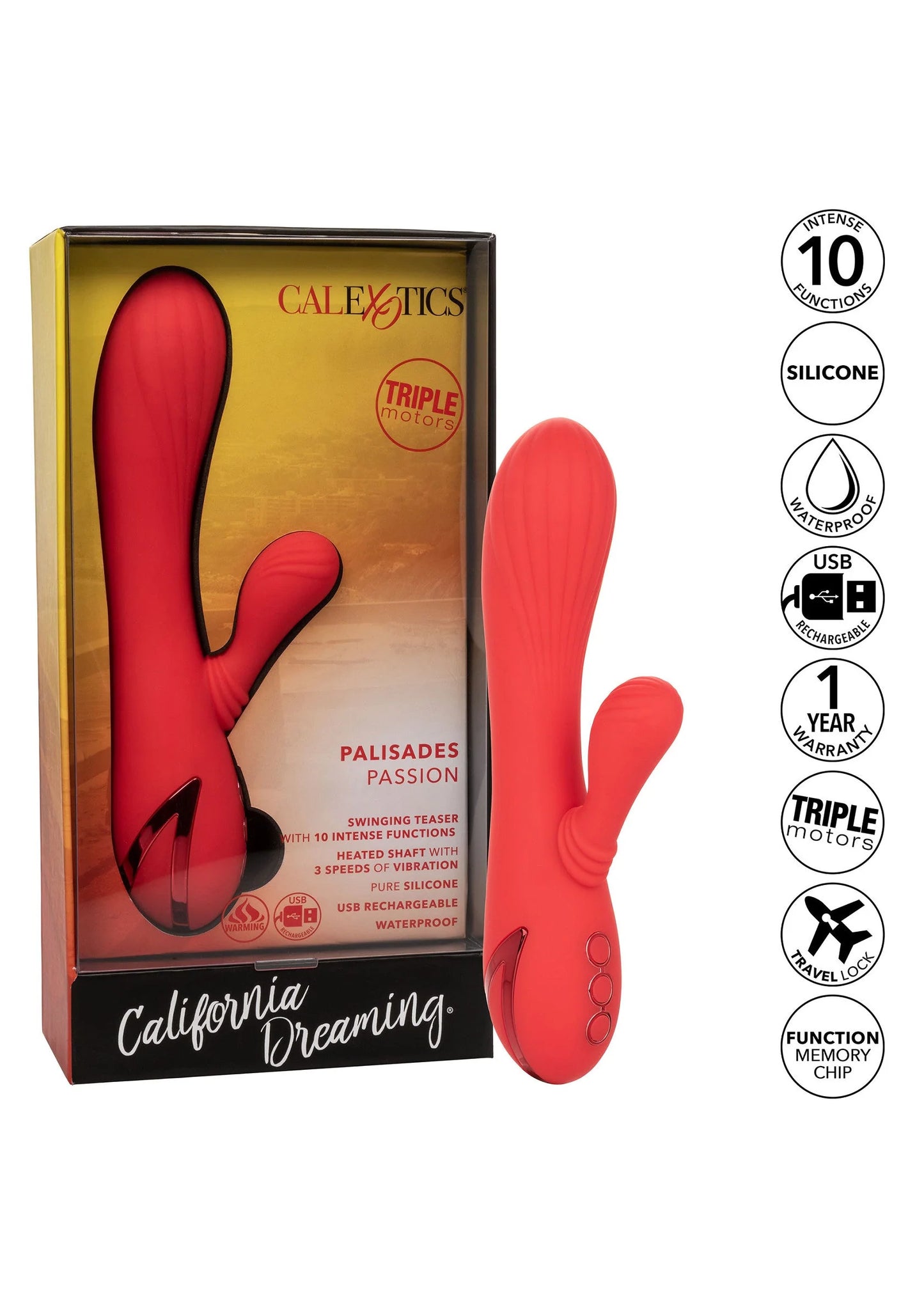 CalExotics productverpakking met rode Palisades Passion vibrator en zijaanzicht
