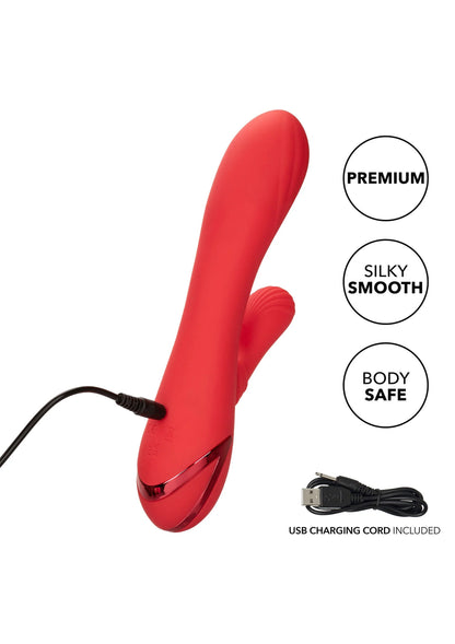 Rode siliconen vibrator met USB-oplaadkabel en drie bedieningsknoppen