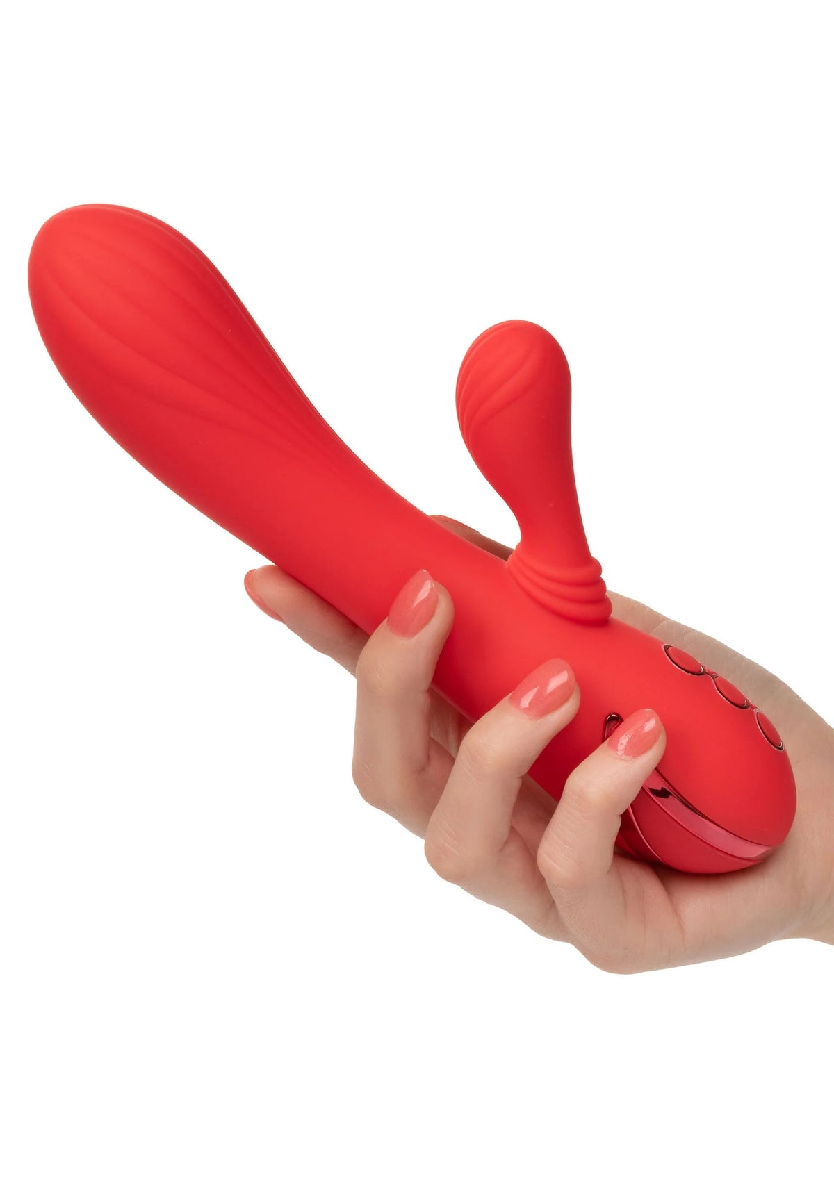 Rode rabbit-vibrator in hand, twee zachte koppen en brede basis met rond detail