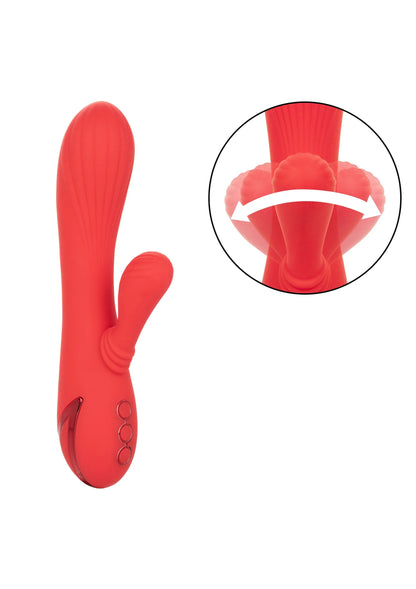 Rode rabbit-vibrator zijaanzicht, twee opzetstukken en drie knoppen op de onderkant
