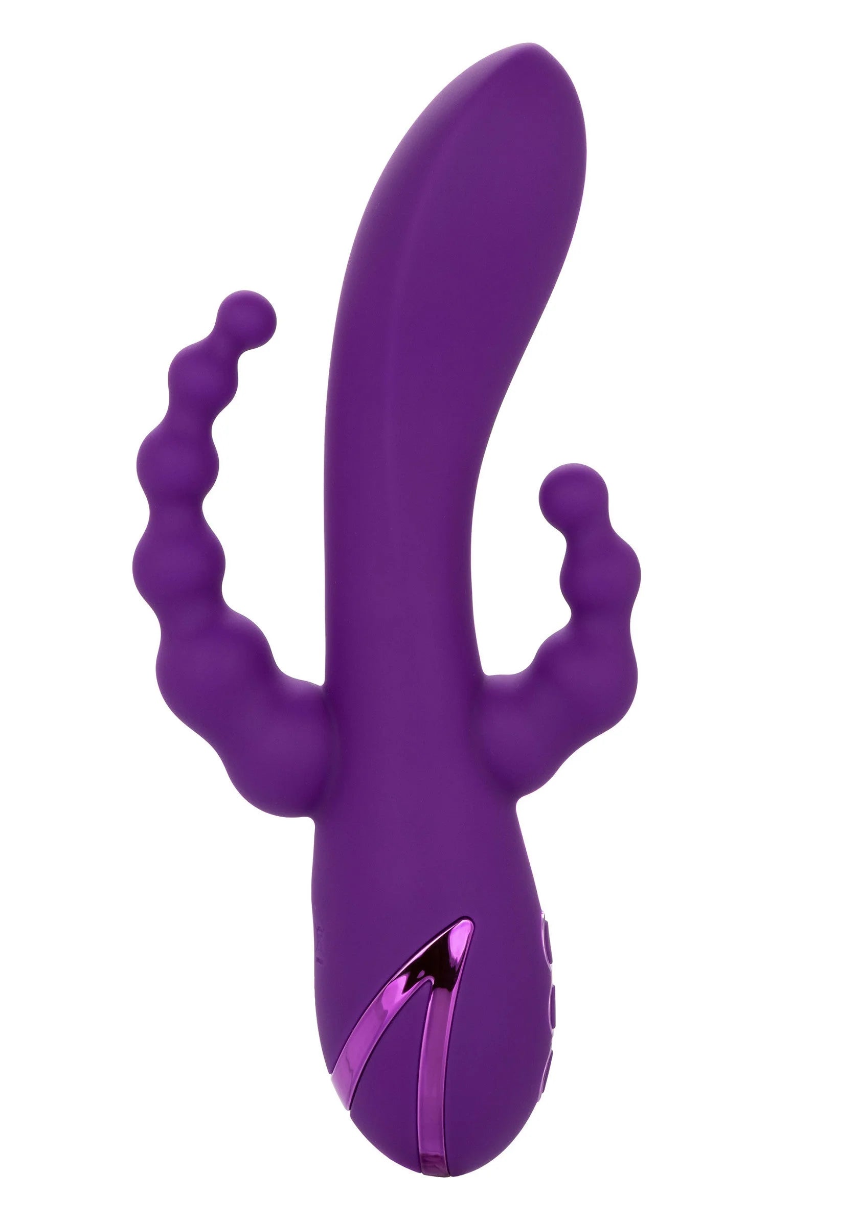 Paarse vibrator met lange gebogen steel en kleine noppen aan de zijkant