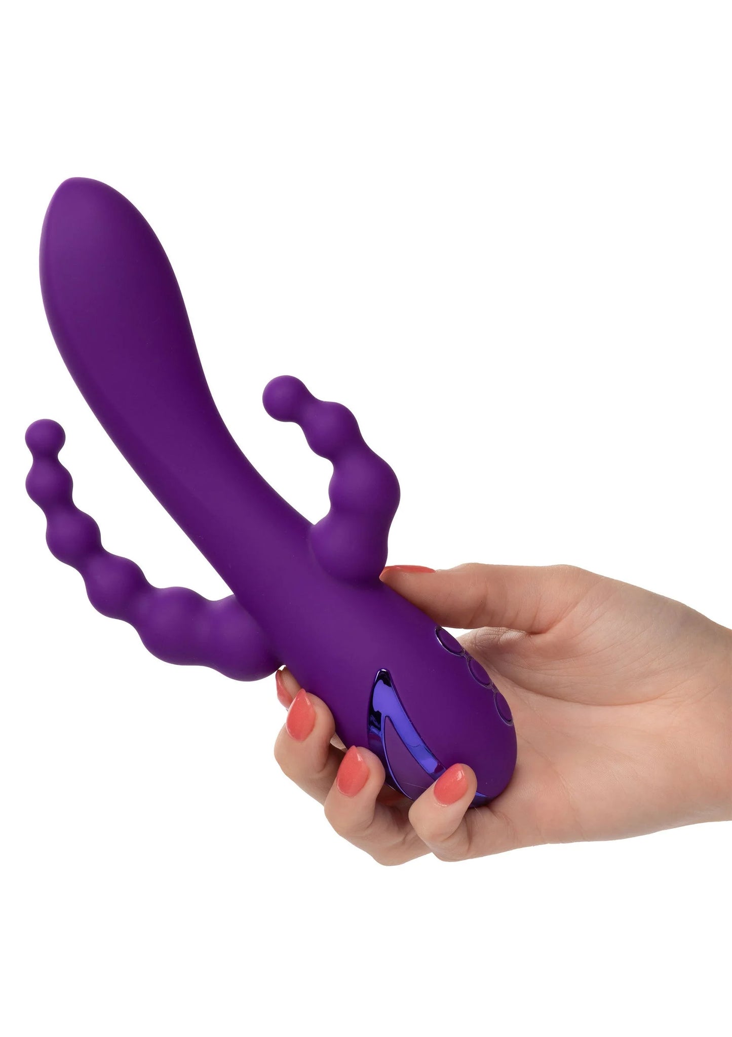 Paarse vibrator met gebogen vorm en drie knoppen, vastgehouden in hand