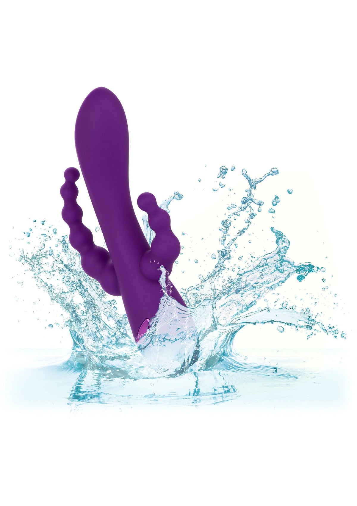 Paars vibrerend seksspeelgoed met waterdruppels en spetters eromheen