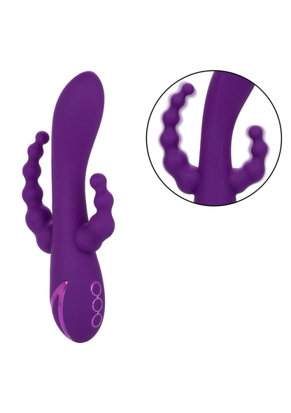 Paarse vibrator met ribbels en drie ronde uitstulpingen, zijaanzicht